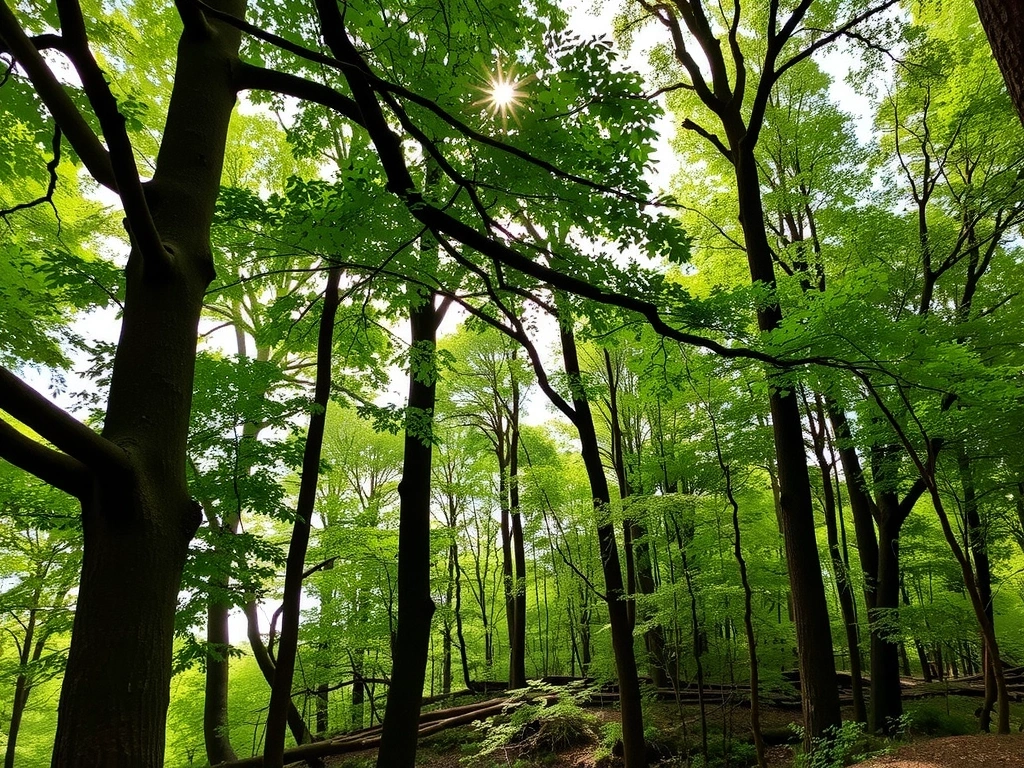 A lush, vibrant forest with sunbeams filtering through the canopy, symbolizing environmental sustainability and natural beauty, no text.
