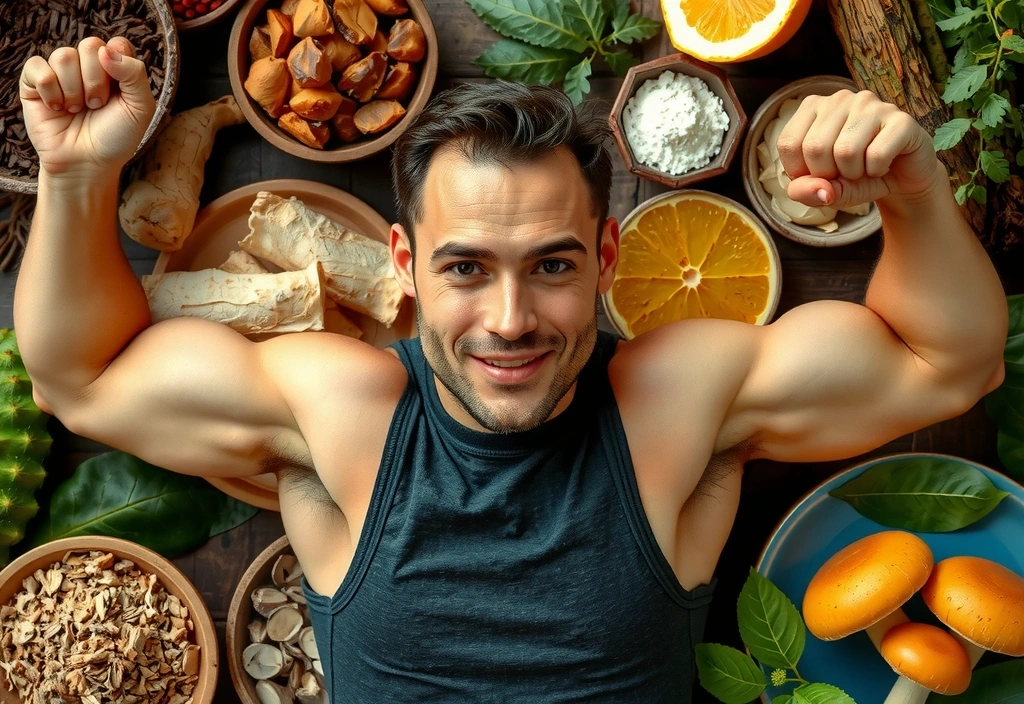 A man looking energetic after consuming adaptogens, surrounded by natural ingredients like ginseng and reishi mushrooms.