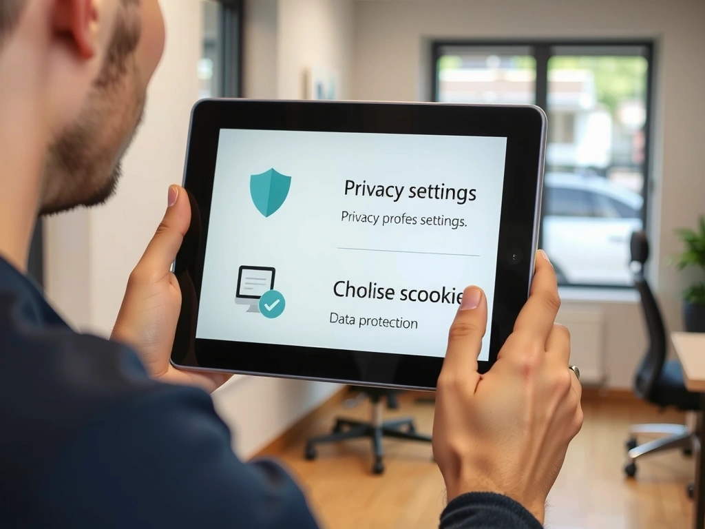 A person considering healthy choices on a digital tablet, symbolizing data privacy and user control over cookies.