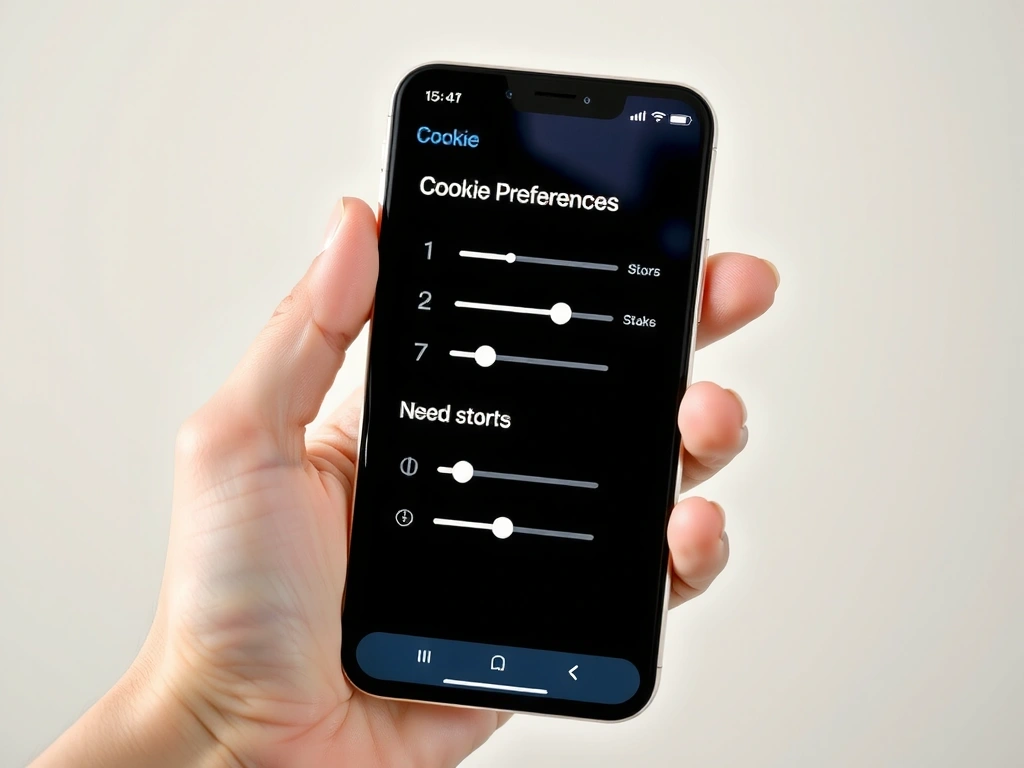 A hand holding a smartphone with cookie settings on the screen, indicating user control options.