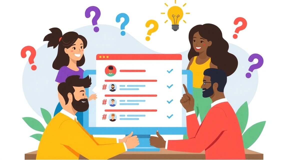 Illustration of people finding answers to their questions, surrounded by question marks and lightbulbs