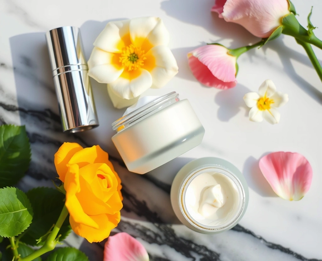 A luxurious product image of women's skincare creams, showcasing elegant jars and natural floral elements, no text.