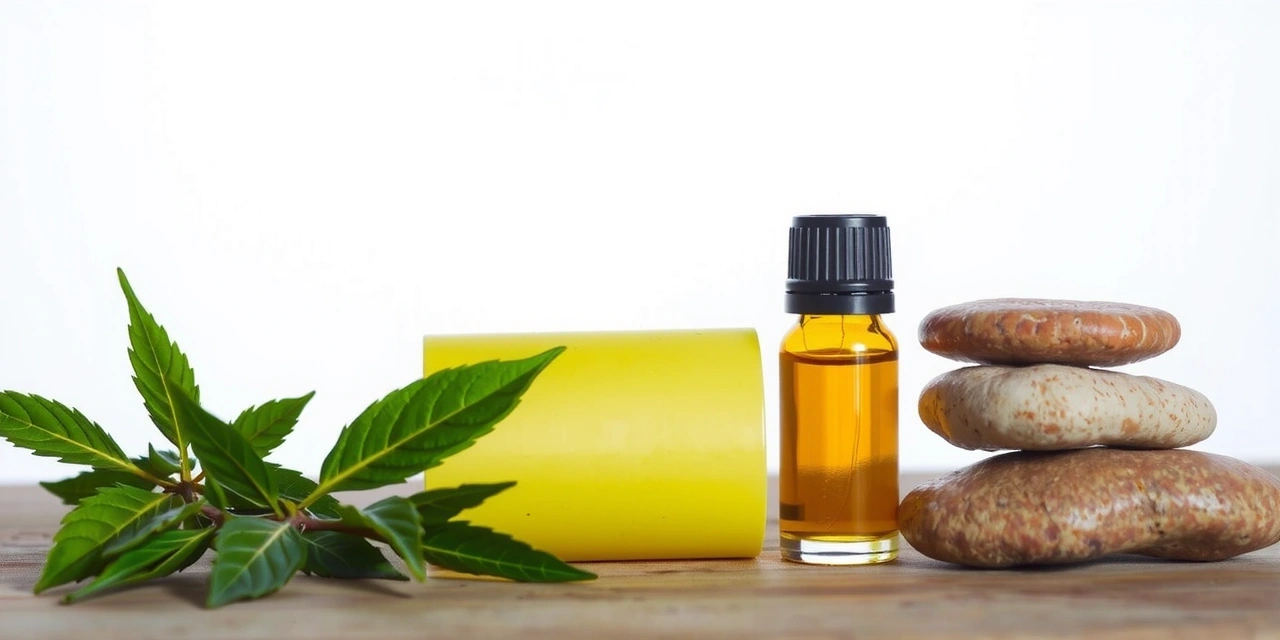 A serene image featuring natural ingredients like herbs and essential oils, with a backdrop of healthy, glowing skin, embodying premium minimalist style.