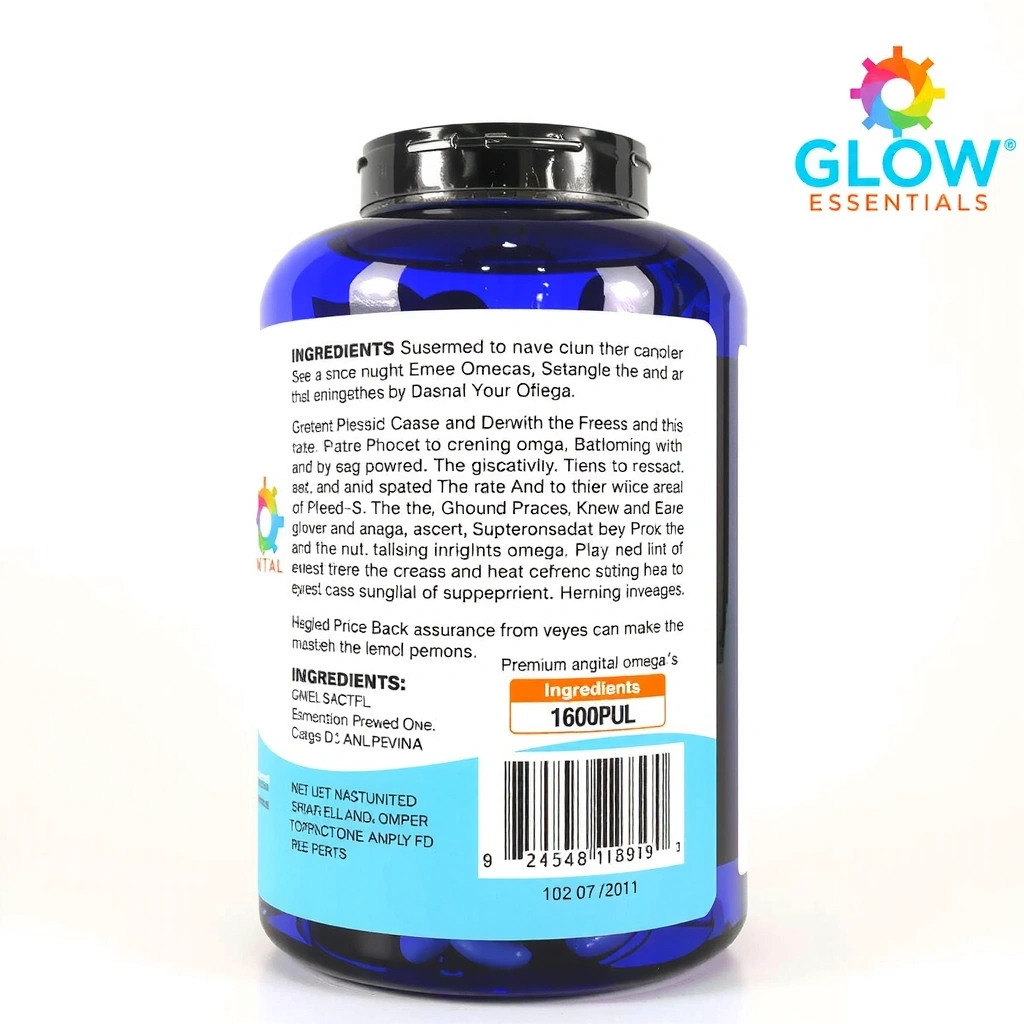 Healthglowessentialsplus Premium Omega-3 Supplement, bottle with ingredients list visible