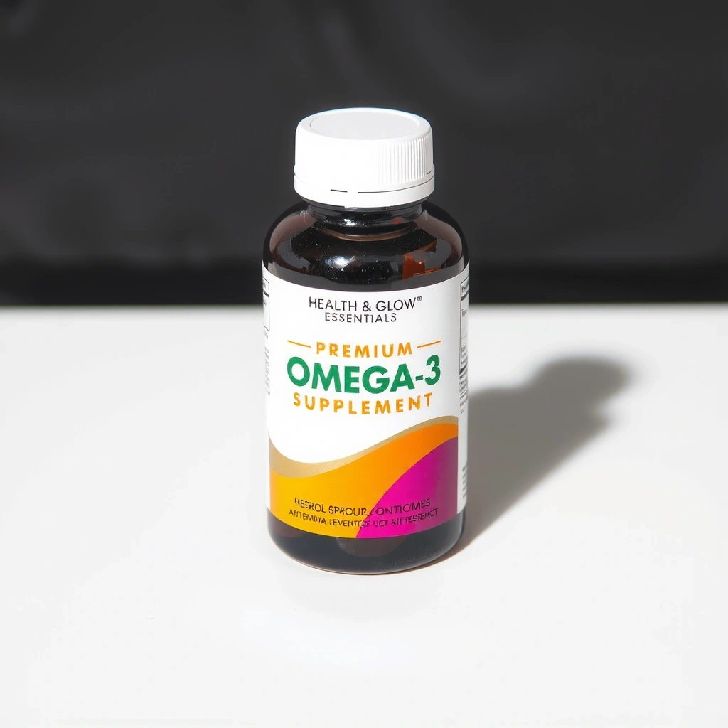 Healthglowessentialsplus Premium Omega-3 Supplement bottle, front view, clear branding, vibrant colors