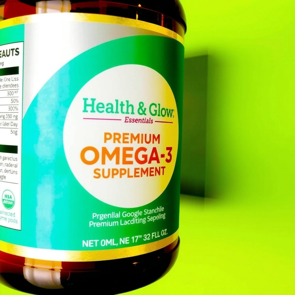 Healthglowessentialsplus Premium Omega-3 Supplement, bottle from a slight angle, showing texture
